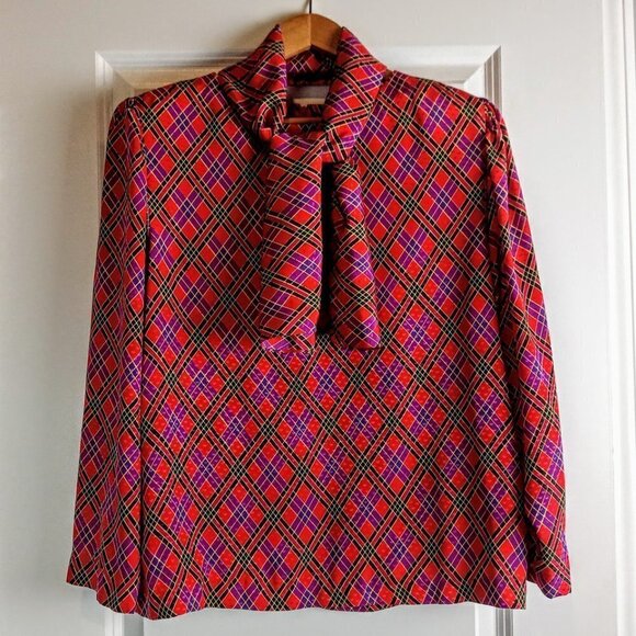 Vintage Castleberry Red Purple Plaid Jacquard LS Top & Scarf Tie - Picture 5 of 9